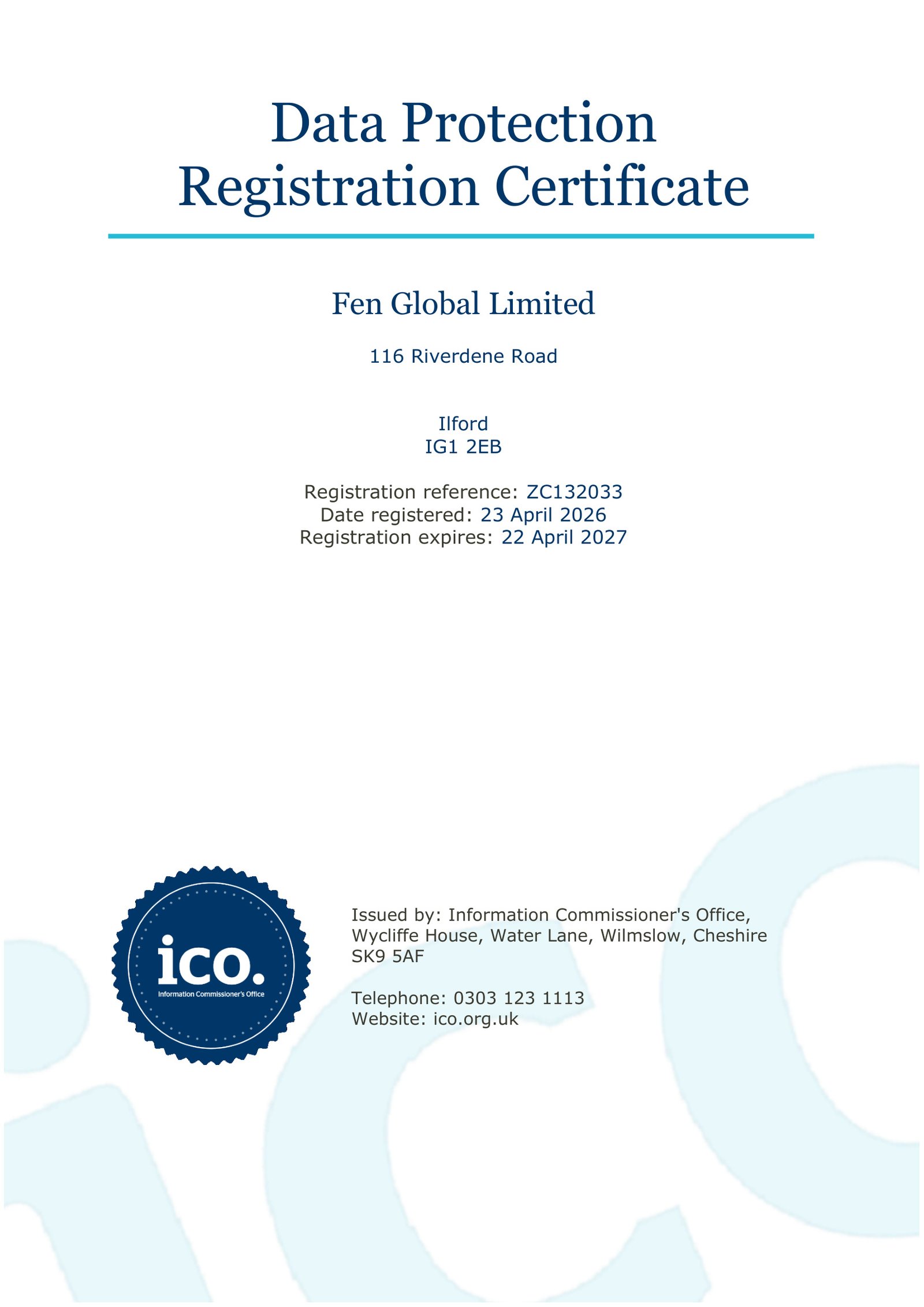 Information Commissioner's Office Data Protection Registration Certificate for Fen Global Limited