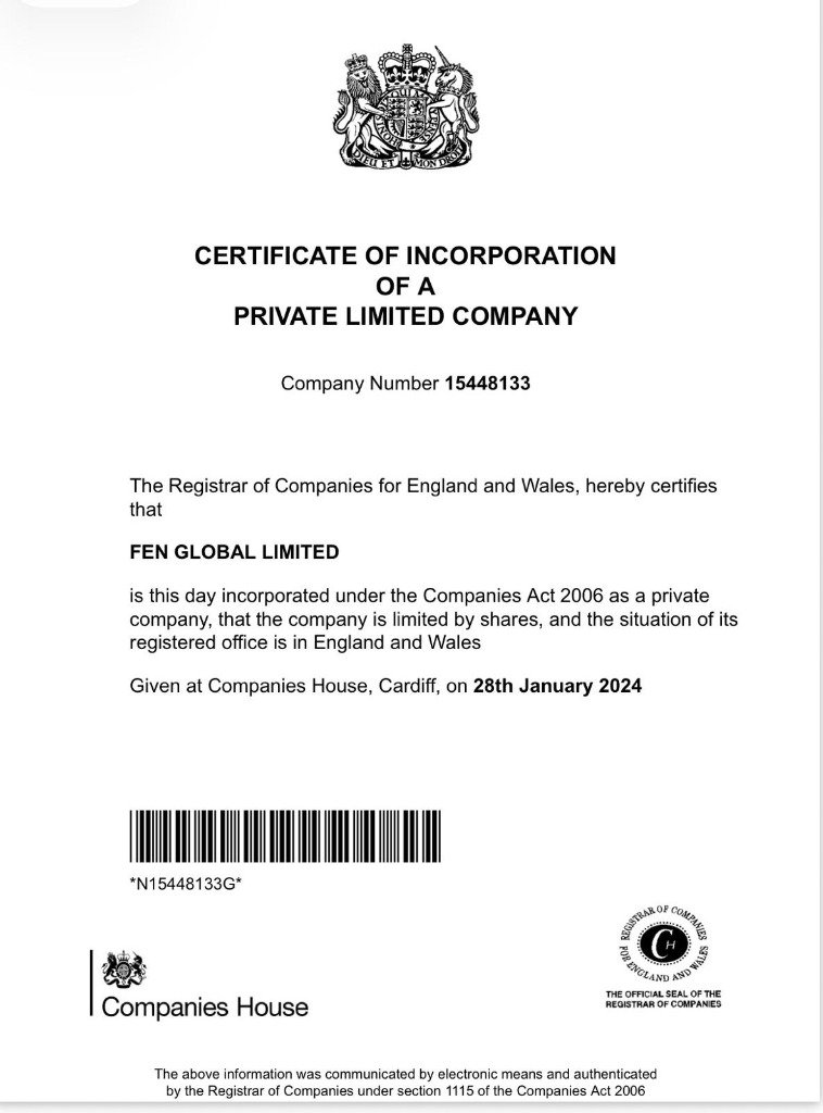 UK Companies House Certificate of Incorporation for FEN Global Limited